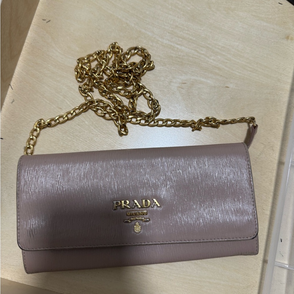 Prada Mauve Leather Clutch with Gold Chain